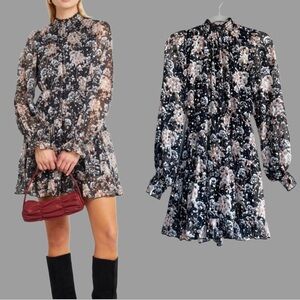 O.P.T. Black Chiffon Floral Printed Metallic Spotted Long Sleeve Mock Neck Dress